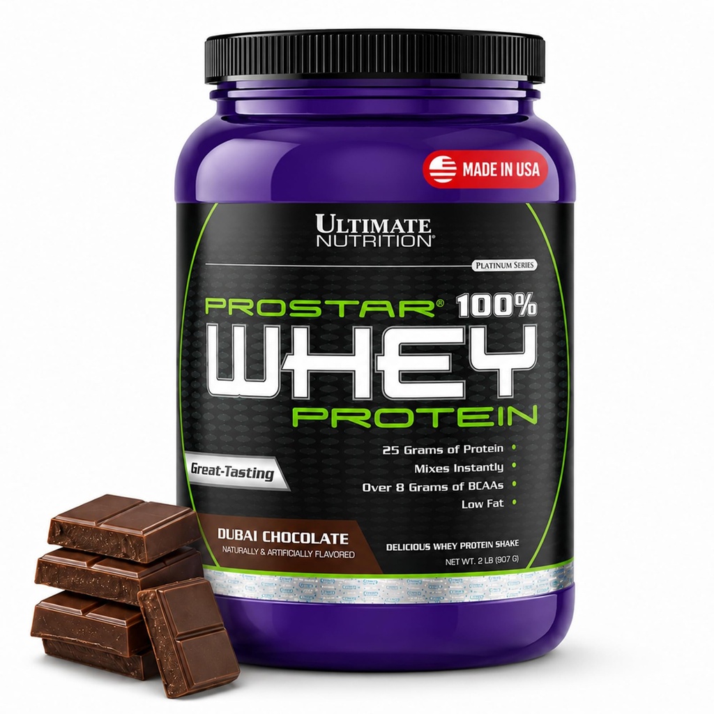 Ultimate Nutrition Prostar Whey Protein Isolate, Dubai Chocolate, 2 lb | 25g Whey Protein Isolate Per Serving, Low Carb, Low Fat, Over 6g BCAAs, Fast Absorbing Formula For Muscle Gain And Recovery
