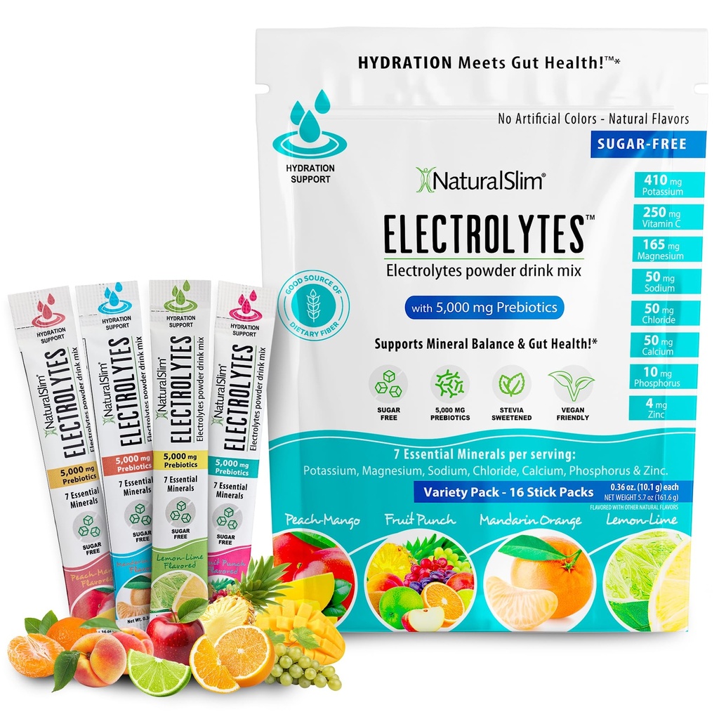 NaturalSlim Hydration & Energy Drink Mix, Variety Pack, 16 Stick Packs | With Prebiotics, Gut Health Support, Sugar-Free Electrolytes Powder Packets
