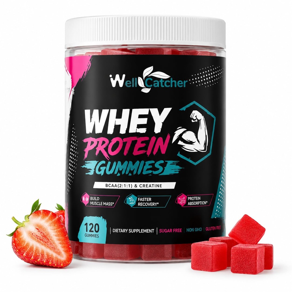 Whey Protein Gummies with BCAA & Creatine, Sugar Free Pectin Protein Gummies for Post Workout & Daily Protein Support, Whey Protein Isolate Gummies for Men Women Strawberry Flavor 30 Days