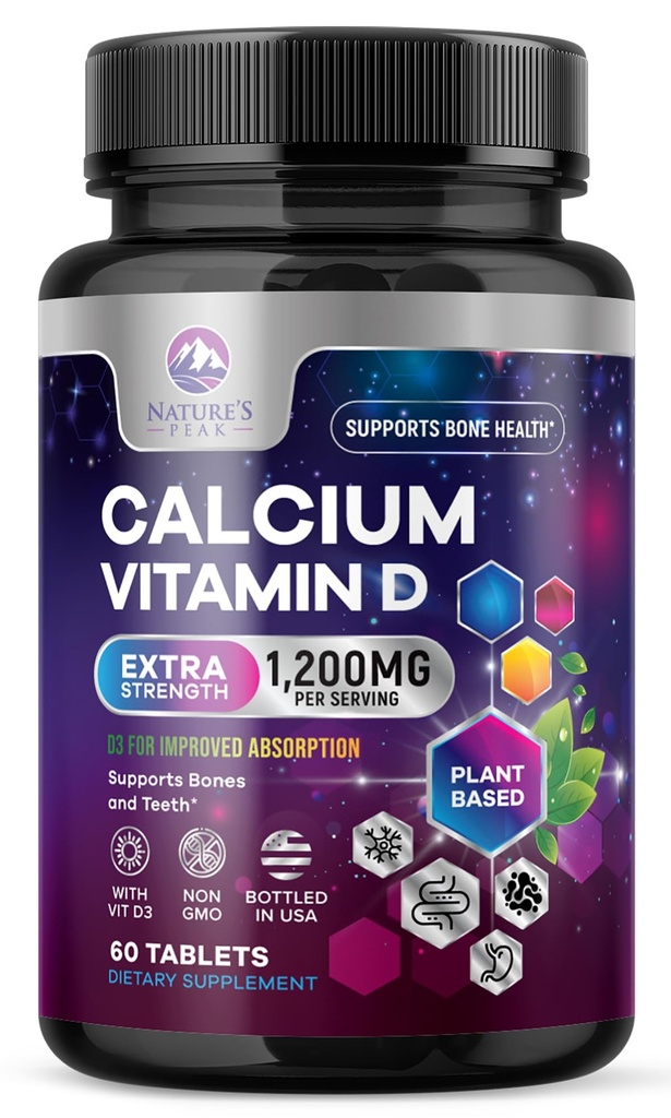 Kalzium 1200 mg mit Vitamin D3, Kalziumergänzung Vitamine, Knochen, Zähne & Immun-Gesundheitsunterstützung, Kalziumergänzungsmittel mit D für Frauen & Männer, Nature's Absorbable Calcium Carbonate - 60 Tabletten