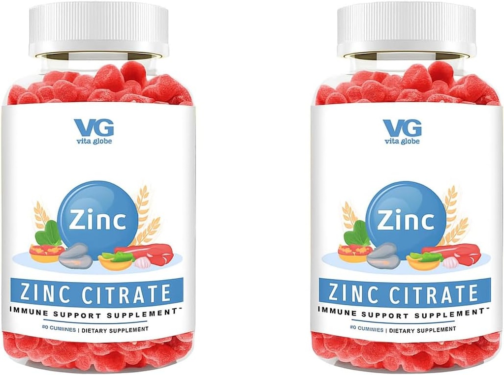 VITA GLOBE Zink Zitrusgummis – 50mg Tägliche Zinkergänzung | Immunsystem & Haut Gesundheit Unterstützung | Vegan, Non-GMO Kaubare Gummy Vitamine für Erwachsene & Kinder – 96 Count (Pack von 2)