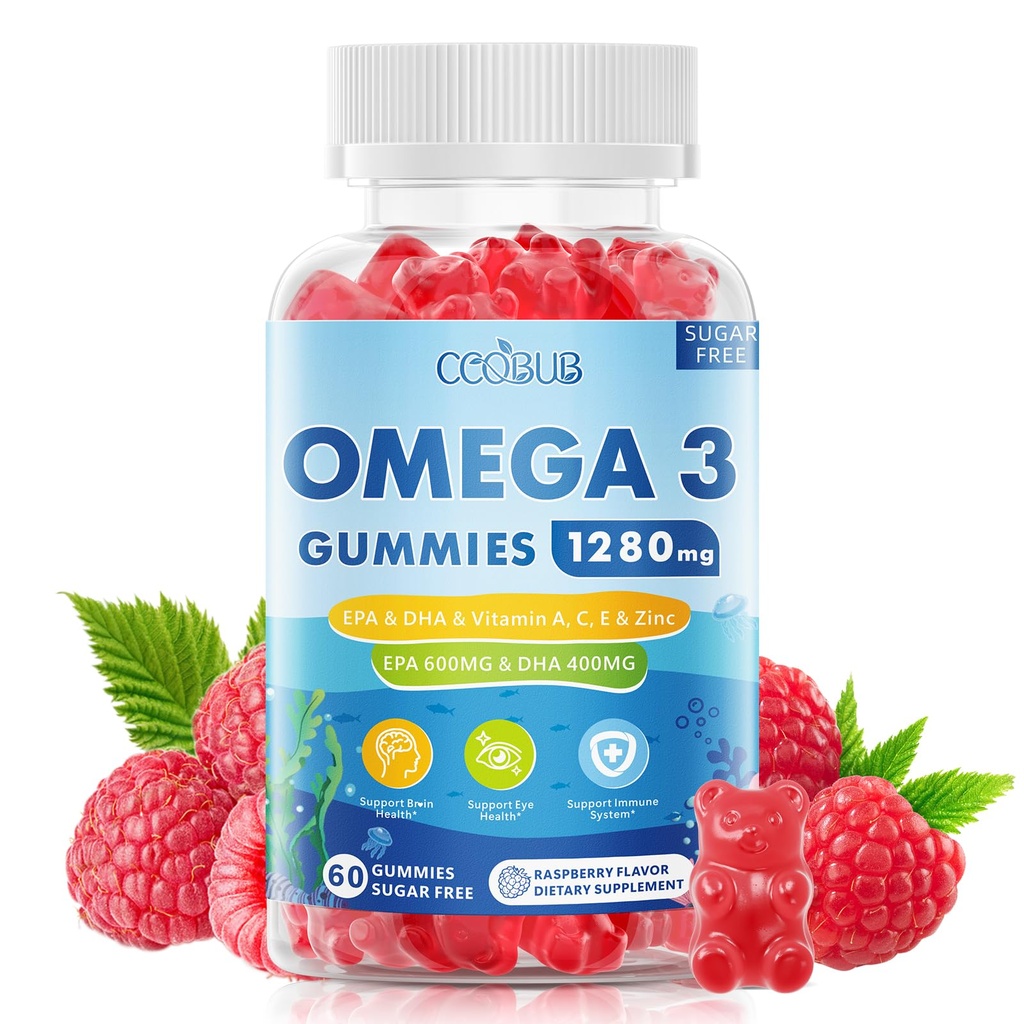 Omega 3 Gummies 1280mg, Omega 3 Supplements for Women, Raspberry, 60 Count | Vegan Omega 3 Fatty Acid Supplements, w/EPA 600mg & DHA 400mg &Vitamins - for Brain, Eye, Immune Health, Sugar Free