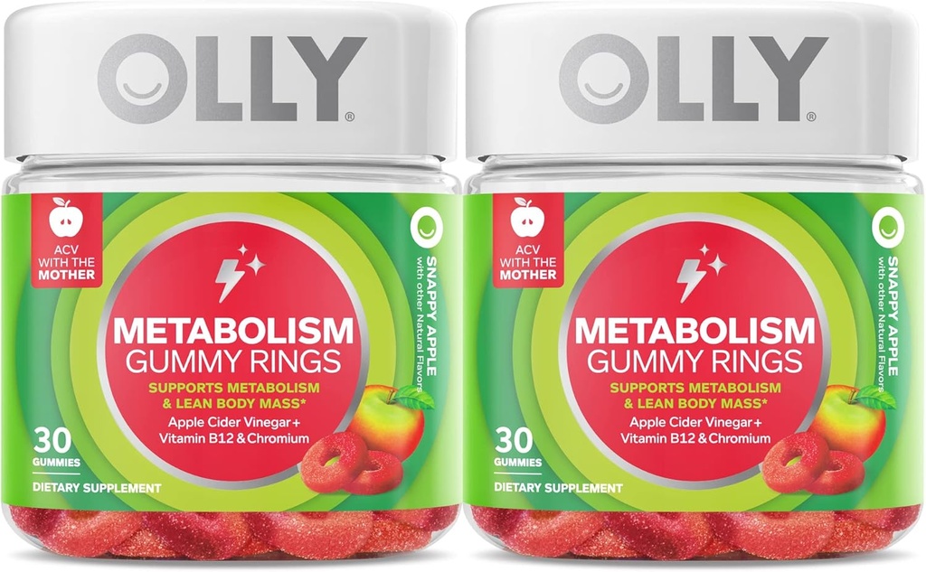 OLLY Metabolism Gummy Ringe, Apfel Apfel Apfelessig, Vitamin B12, Chrom, Energie und Verdauungsgesundheit, Kaubare Ergänzung, Apfel Geschmack, Twin Pack - 60 Count