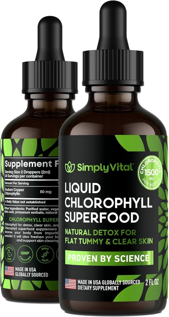 SimpleVitale Chlorophyll Flüssigkeitstropfen für klare Haut- & Energie-Boost - Immununterstützungsergänzung - Made in USA - Flüssiger Chlorophyll für Gut Health - interner Deodorant - Antioxidant- 2 FL OZ