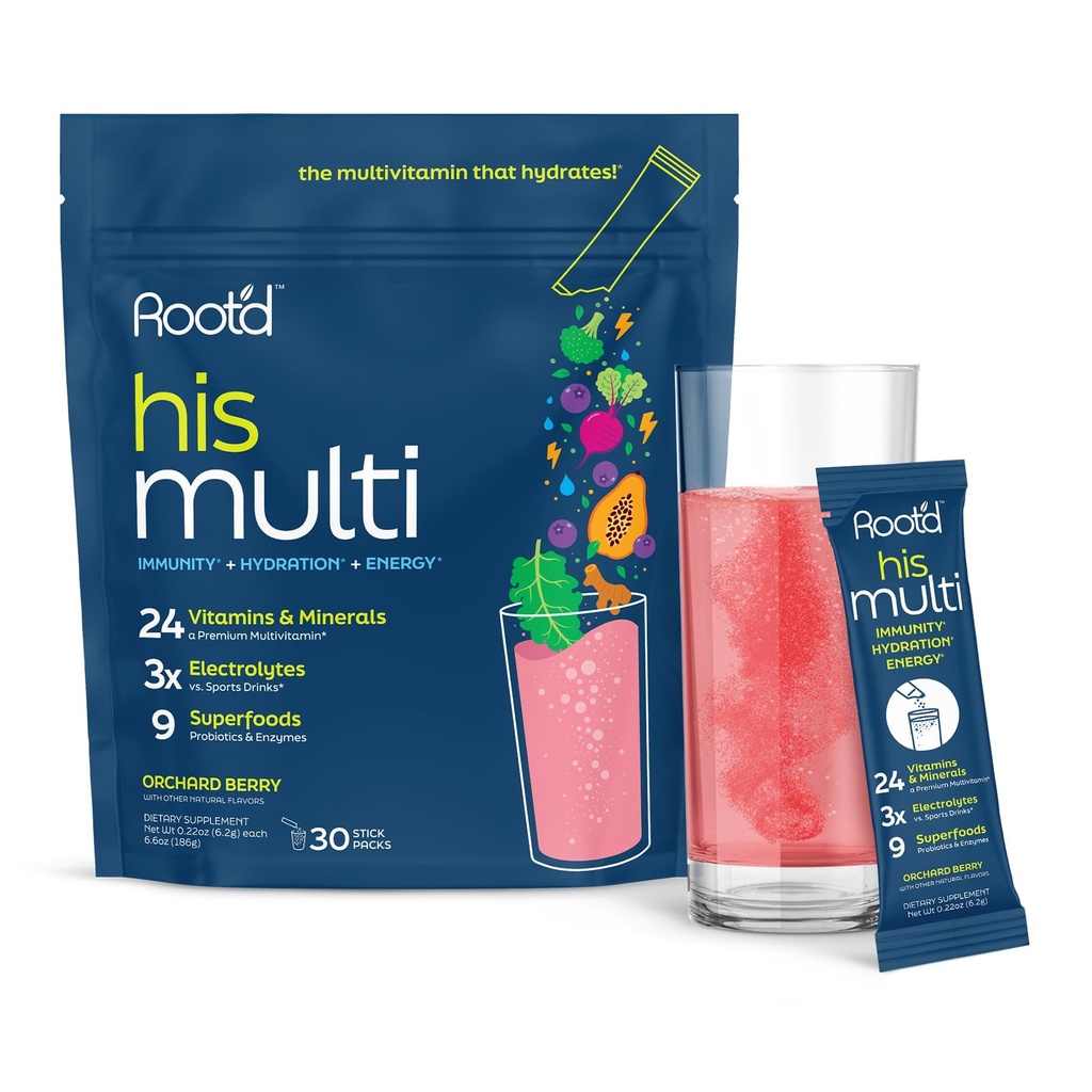 Root'd Multivitamin Powder for Men - 24 Vitamins & Minerals with 3X Electrolytes, 9 Organic Superfoods, Probiotics & Enzymes, Sugar-Free Multivitamin & Hydration | 30 Vitamin Drink Mix Packets
