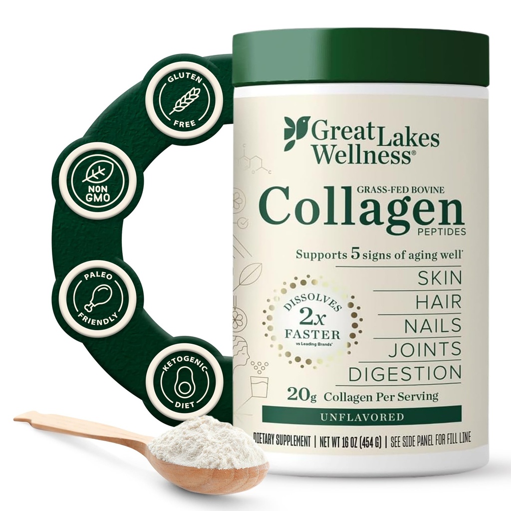 Große Seen Wellness Collagen Peptides Pulver für Haut, Haar, Nägel, Gelenke & Verdauung - Unflavored - Quick Dissolve Hydrolyzed, Non-GMO, Keto, Kosher - 16oz