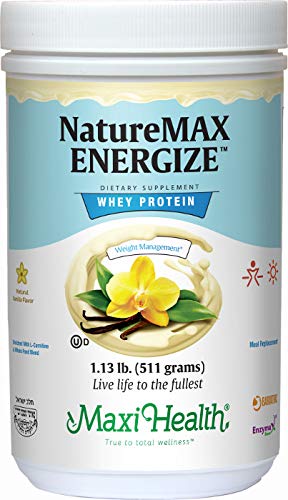 Maxi-Health NatureMax Energize Whey Protein Powder- Diet Supplement Meal Replacement - 20g Protein Per Serving - Natural Vanilla Flavor - Kosher Dairy Vitamin - 1.17lb