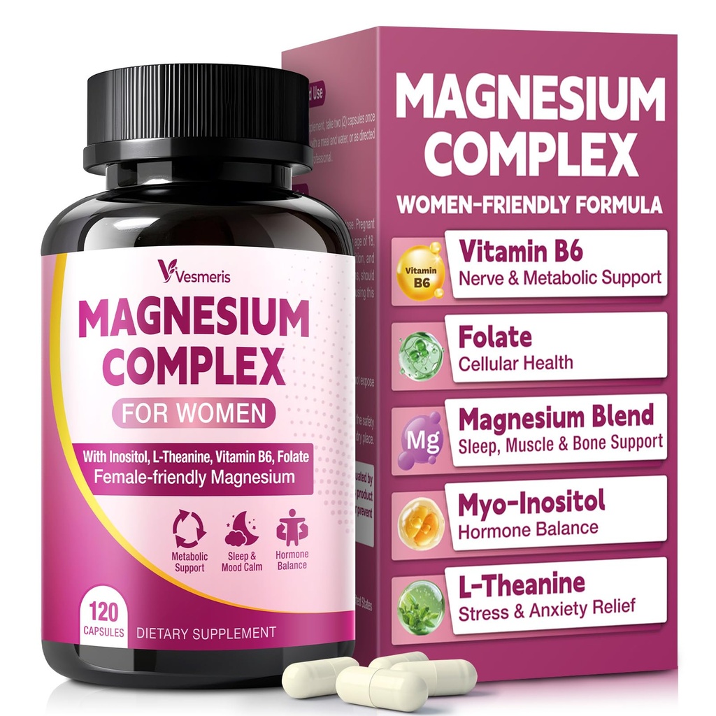 Magnesium Complex for Women, 10 in 1 Magnesium Supplement | Magnesium Glycinate, Vitamin B6, Myo-Inositol, L-Theanine, Folate – Relax, Calm Mood & Hormone Balance, Vegan 120 Capsules