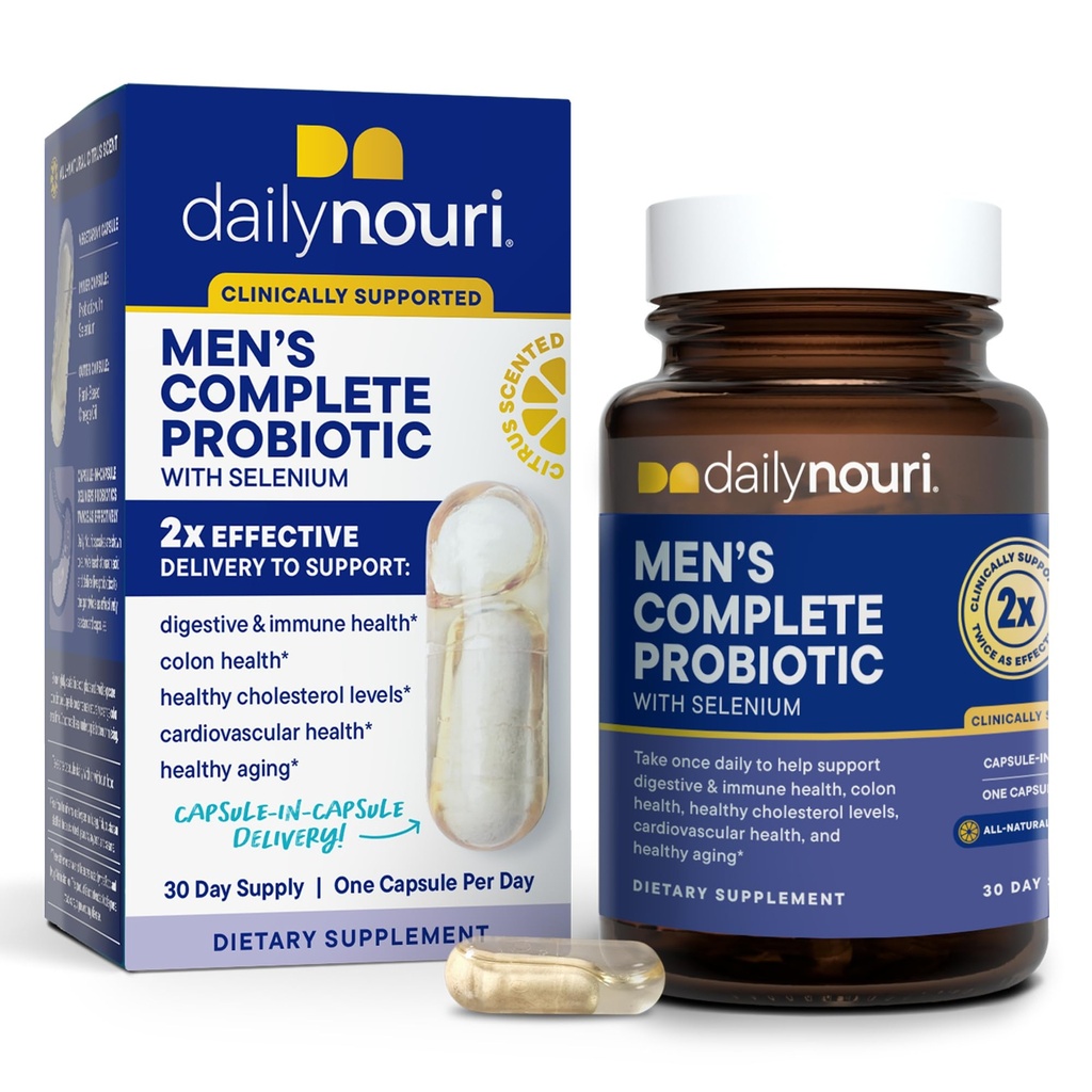 Daily Nouri Probiotics for Men | Men's Vitality, Gut Microbiome & Colon Health Support | 5 Clinically Studied Strains + Selenium & Vegan Omega | 30-Day Supply