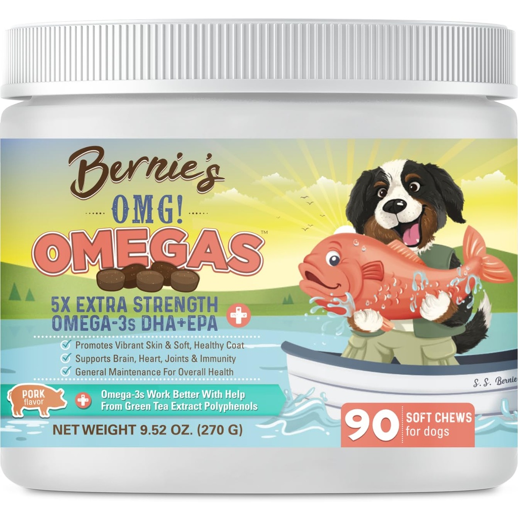 Bernies OMG! Omegas Chews für Hunde - 5X Extra Strength DHA+EPA, Fish Oil, Gesunde Haut & Coat, Allergy Relief, Joint Supplement (Pork Flavor)