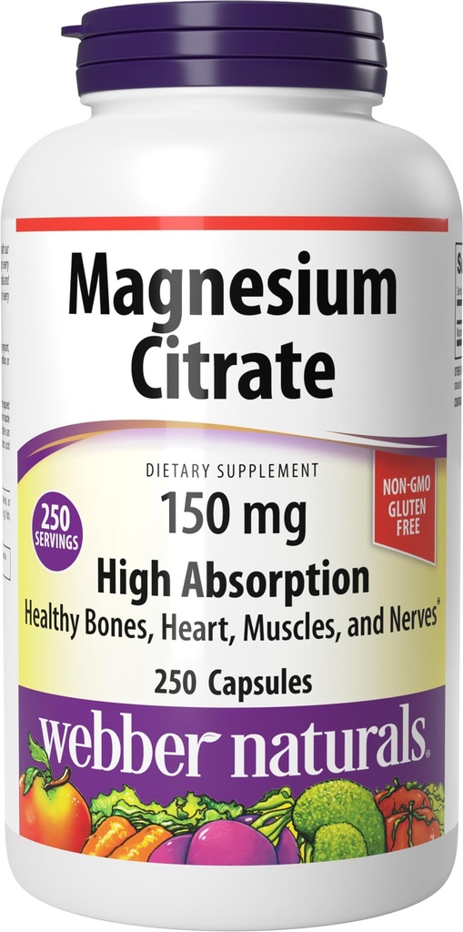 Webber Naturals Magnesium Citrat, 150 mg pro Kapsel, 250 Kapseln, hohe Absorption, hilft, Knochen, Zähne und Proper Muskel- & Herz-Funktion, Gluten & Dairy kostenlos