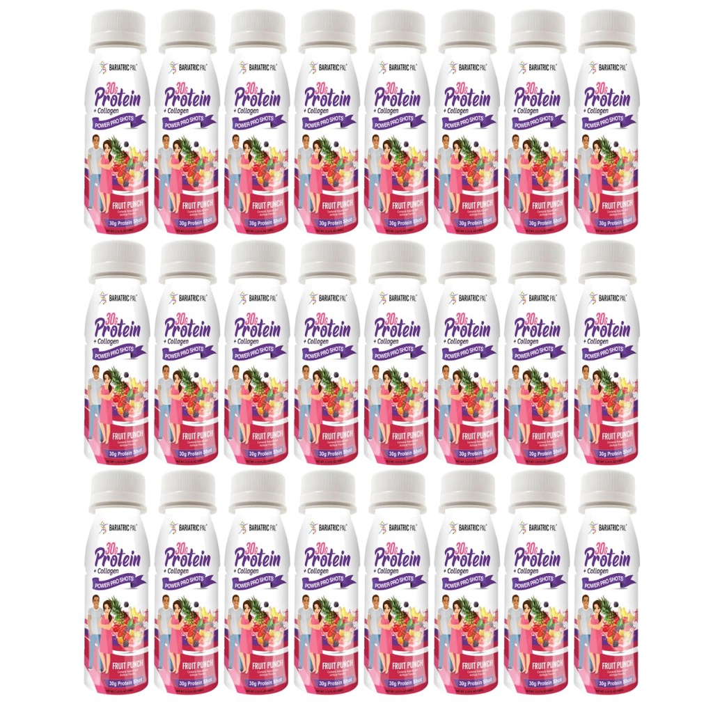 BariatricPal 30g Whey Protein & Collagen Sugar-Free Power Pro Shots - Fruit Punch (24 Bottles)