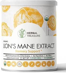 Organic Lions Mane, Non-GMO and Gluten-Free Lions Mane, Neuronal Growth and Immune System, Mushroom Powder for Memory Support, Concentration, Clarity, Creativity and Mood-50 Serving