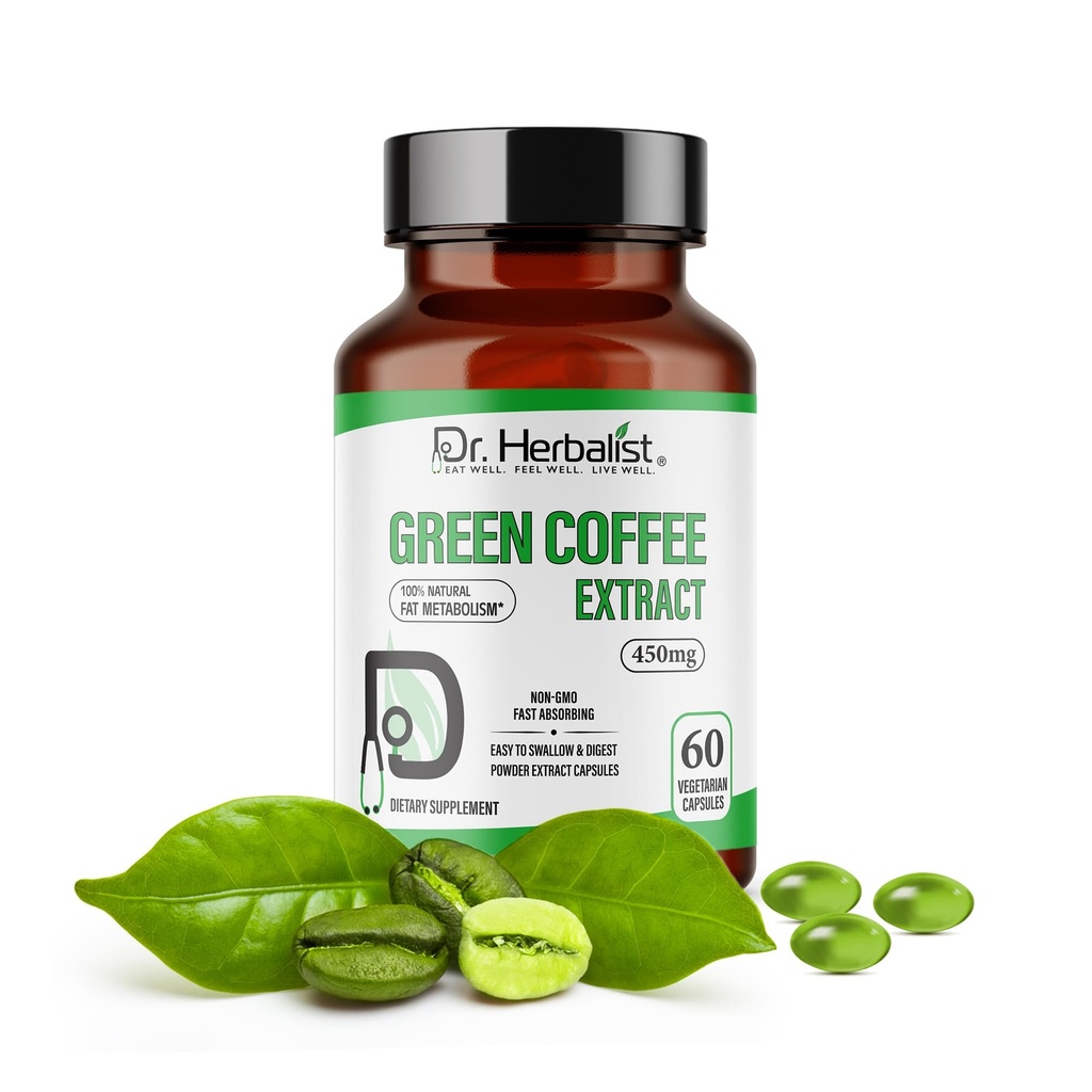 Dr. HERBALIST Green Coffee Bean Extract 450mg, Unroasted Coffea, Halal 60ct