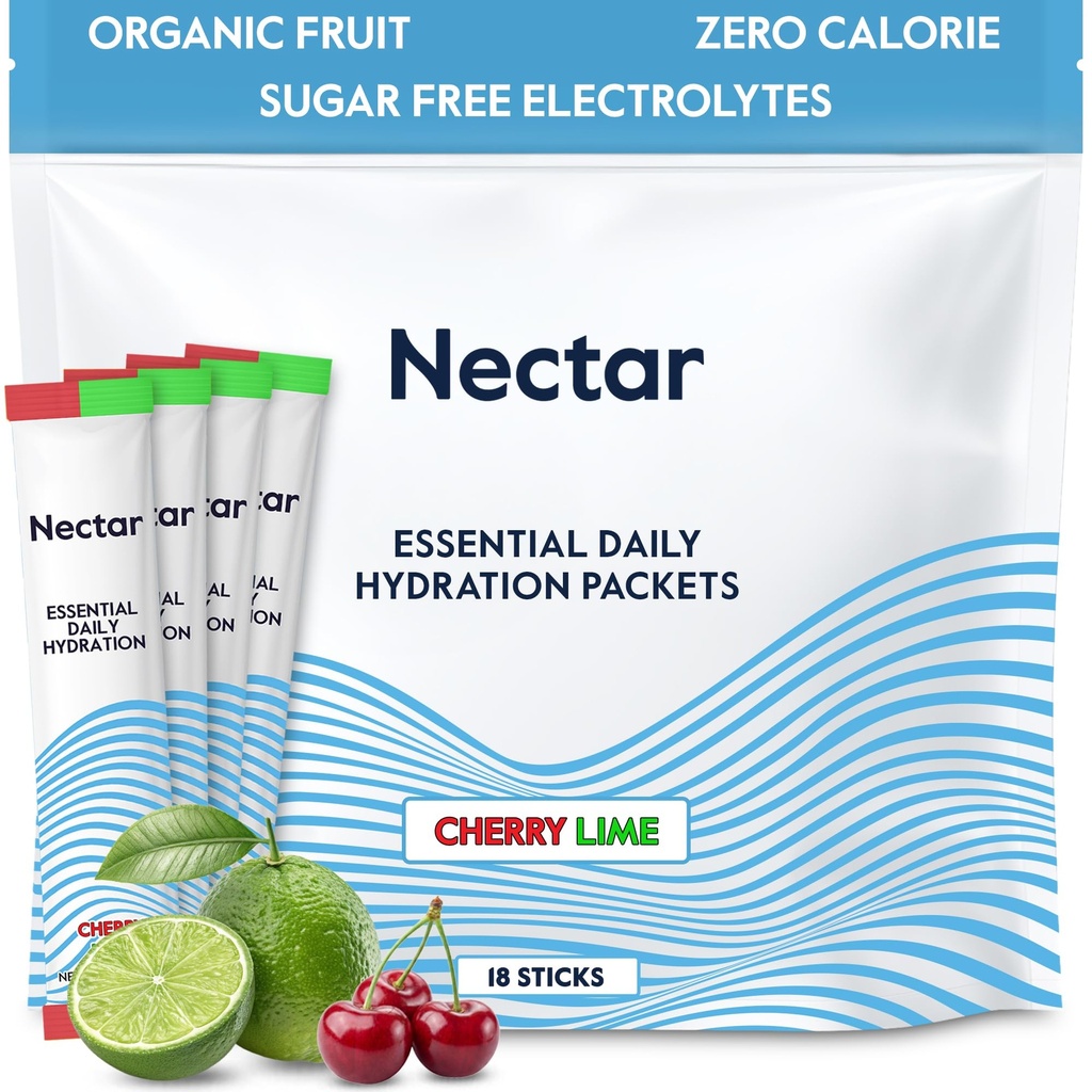 Nectar Hydration Packets - Electrolytes Powder Packets - Sugar Free & 0 Calorie - Organic Fruit Liquid Daily IV for Dehydration Relief & Rapid Rehydration (Cherry Lime 18 Pack)
