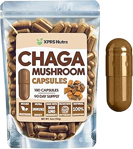 XPRS Nutra Chaga Mushroom Capsules - Premium USDA Chaga Mushrooms Capsules- Encapsulated Chaga Mushroom Powder for an Immunität Boost - Vegan Friendly Superfood for Chaga Tea and Beverages - 180 Count