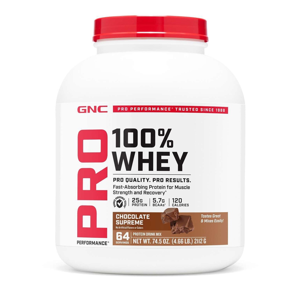 GNC Pro Performance 100% Whey 2.0, Chocolate Supreme, 64 Servings | Delivers Fast Absorbing Protein and BCAAs for Muscle Recovery and Strength, Gluten-Free, Third Party Tested for Sport