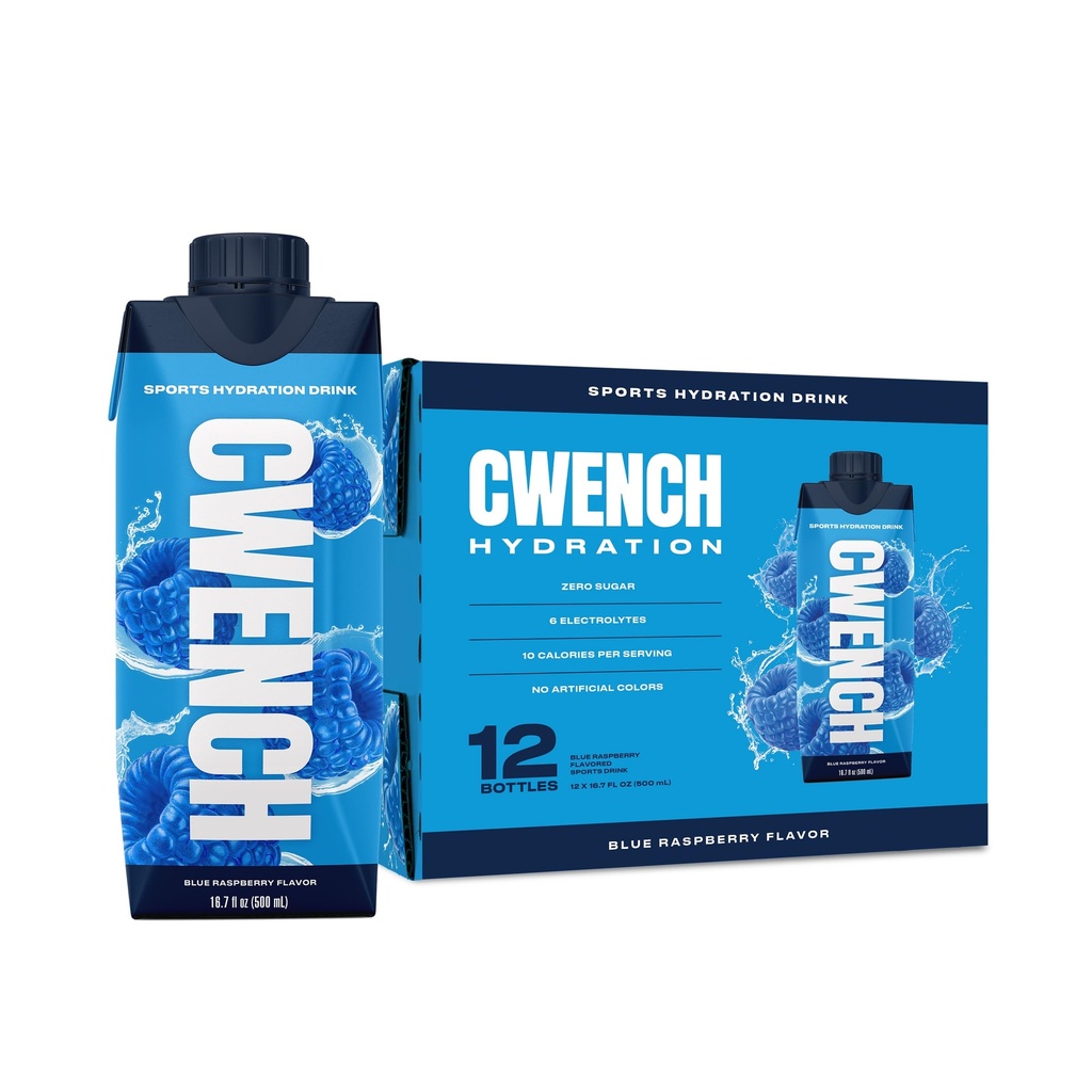 CWENCH HYDRATION Ready to Drink Electrolyte Sports Drink, Blue Raspberry Flavor, Zero Sugar Hydration Beverage with B Vitamins, 6 Electrolytes, 16.9 fl oz (Pack of 12)