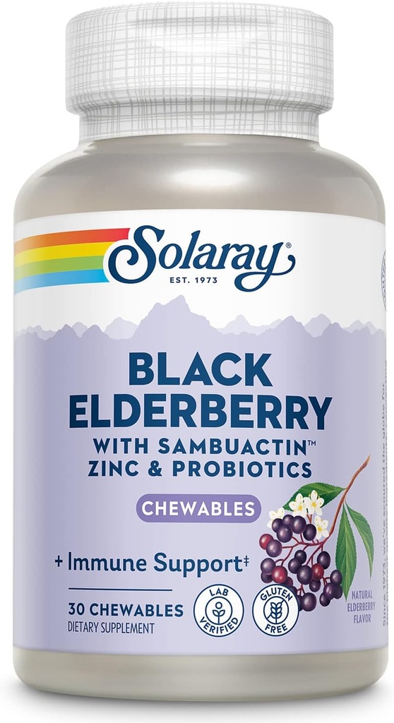 SOLARAY Black Elderberry Extrakt mit Zink, Probiotika & Vitamin C | Gesunde Immunsystem Unterstützung | 30 Kautabletten