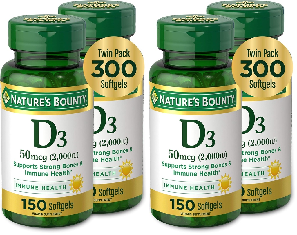 Nature's Bounty Vitamin D3, Supports Immune System and Bone Health, 50mcg, 150 Softgels (Pack of 4)