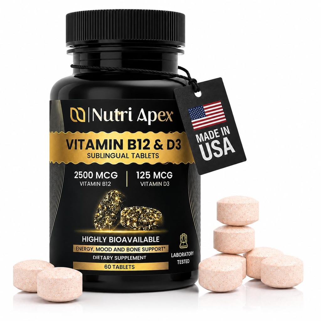 Vitamin B12 and D3 Sublingual Tablets – 2500mcg B12 (Methylcobalamin) + 5000 IU D3 (Cholecalciferol) Fast-Absorbing for Energy, Mood, Immune & Bone Health – Non-GMO, Soy-Free, Made in USA, 60 Tablets
