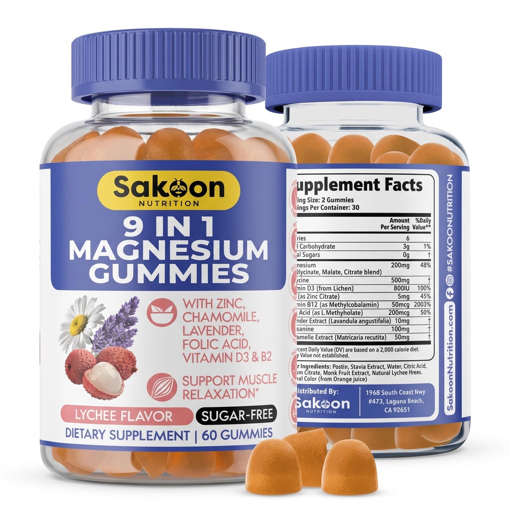 Sakoon Nutritions 9-in-1 Magnesium Glycinate Gummies 200mg | Sugar Free Magnesium Gummies for Women & Men with Zinc & Vitamin D3 | Lychee Flavor | Muscle & Stress Relief | Halal, Vegan | 60pcs