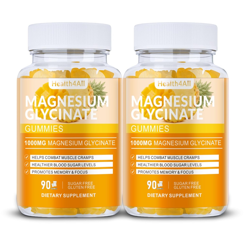 Magnesium Glycinate Gummies 1000mg, High Absorption Sugar Free Magnesium Potassium Supplement for Relaxation, Stress Relief, and Sleep Support for Adults & Kids - 180 Mango Pineapple Gummies