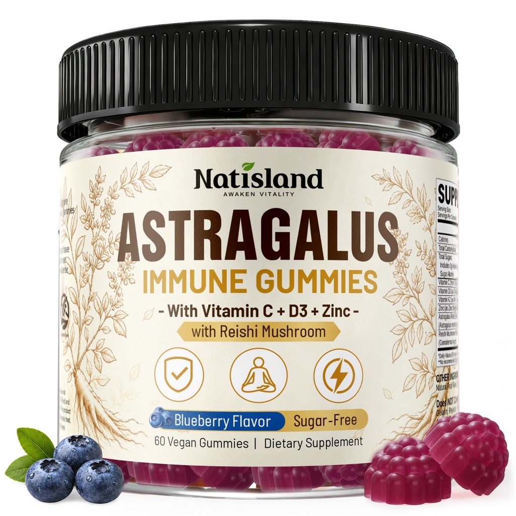 Organic Astragalus Gummies, Sugar-Free, with Reishi, Immune Vitamins | Astragalus Supplement, Organic, Non-GMO, Immune & Daily Health Support, Blueberry Flavor, 60 Gummies