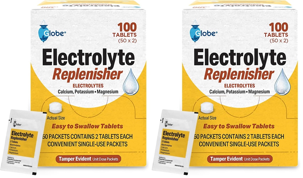 Globe Electrolyte Replacement Tablets for Rehydration, Exercise Recovery, Youth & Adult Athletes, Hiking, Camping, & Sports Recovery and More... 100 Packets of 2 Tablets Each, 100 Count
