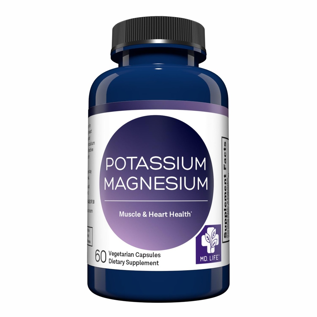 MD. Life Potassium Magnesium Supplement - 60 Kapseln - High Absorption Magnesium Complex - Kalium-Ergänzung zur Unterstützung der Gefäßgesundheit & Bein Cramp