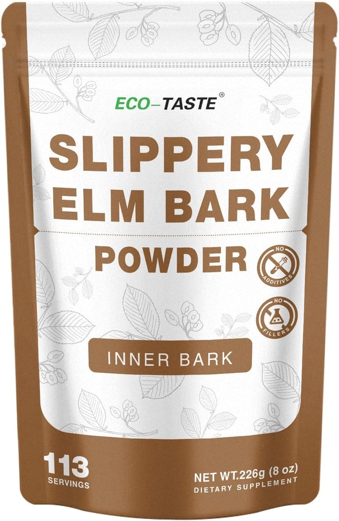 ECO-TASTE Slippery Elm Powder für Gut-Gesundheit, Reine innere Slippery Bark Pulver 2000mg pro Servieren, Vegetarisch - 226 Gramm