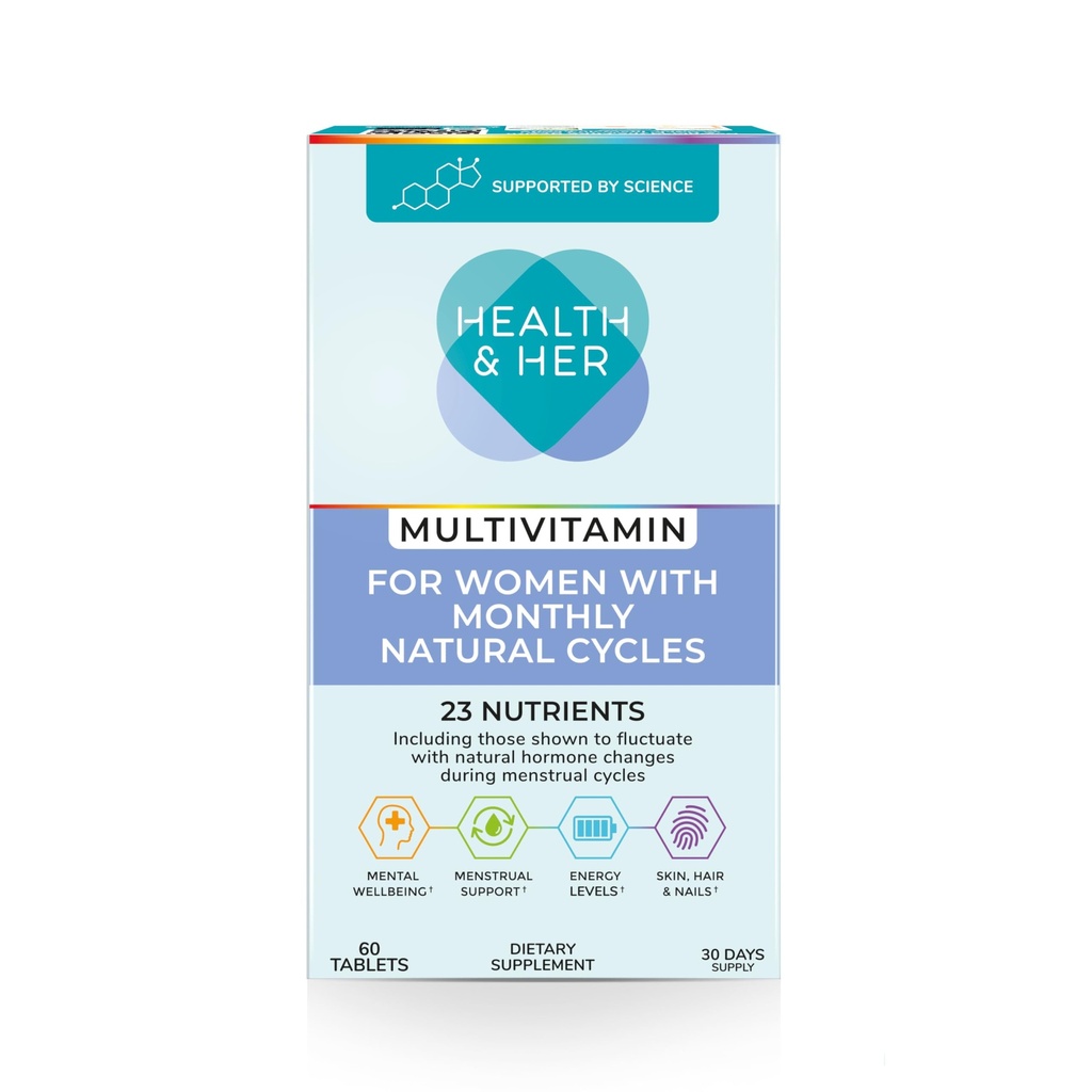 Health & Her Natural Cycles, Women's Multivitamin, Vegan, 30 Day Supply | Daily dietary supplement with iron, magnesium & calcium for support during menstural cycles; Vegan, gluten free; 60 Tablets