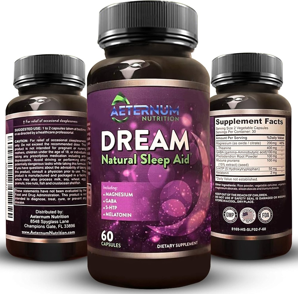 Dream Natural Sleep Supplement für Erwachsene – Relaxing Sleep, Wake Rested - Non Habit Sleep Aid Capsules Free from Sugar, Carbs - Melatonin, Magnesium, 5HTP, L-Theanine, GABA- Non-GMO 60 Schlafpillen