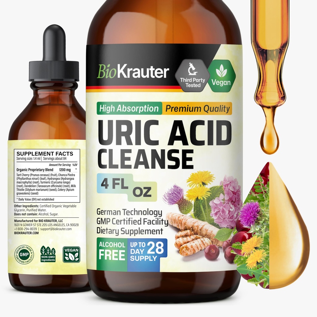 BIO KRAUTER Uric Acid Support Tincture - Natural Kidney Supplement w/Tart Cherry, Milk Thistle, Turmeric Herbal Liquid Extract - Vegan Drops 4 Fl.Oz.