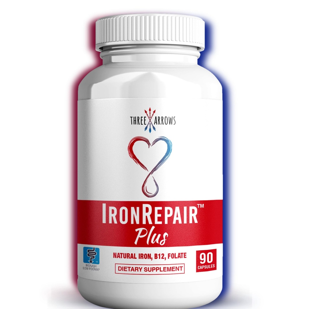 Iron Repair Plus Natural Iron Supplement Methyl B-12 & Folate, 90 Capsules | Best absorption, gentle on stomach, Monash Low FODMAP, supports raise Hemoglobin & Ferritin for women, teens & pregnancy