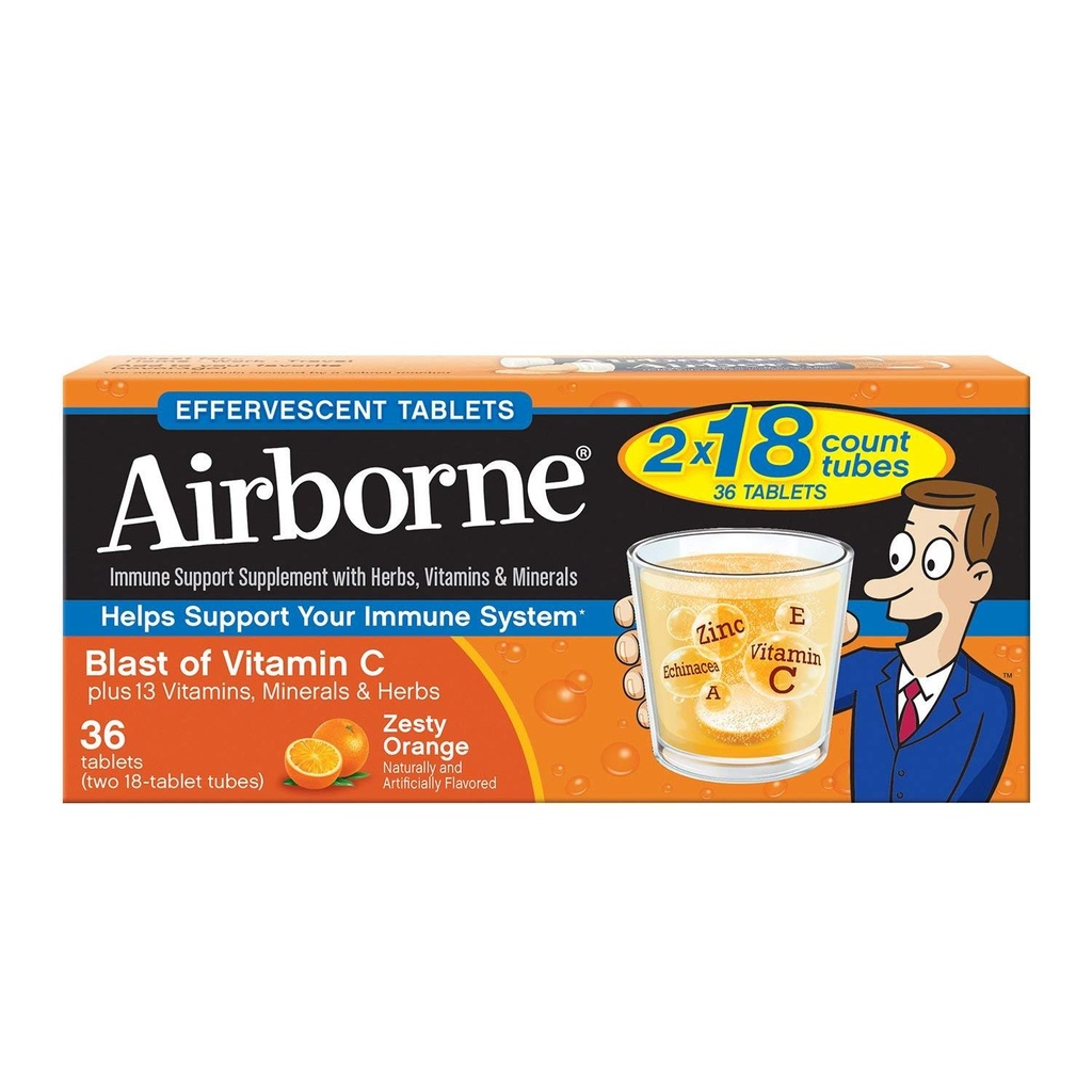 Vitamin C 1000mg (pro Portion) - Airborne Zesty Orange Effervescent Tablets (36 Anzahl in einer Box), Glutenfreie Immununterstützungsergänzung und hoch in Antioxidantien