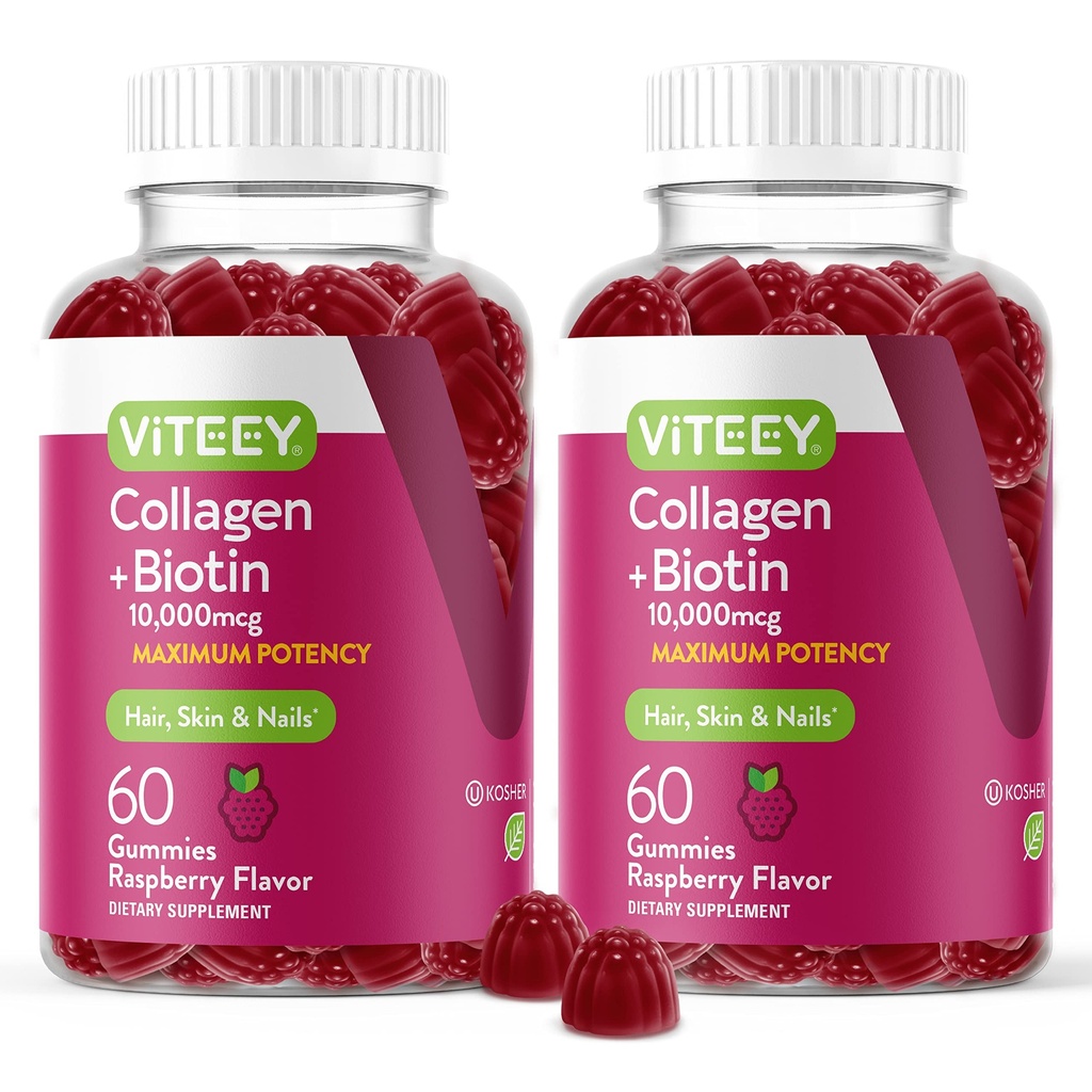 Viteey Collagen Gummis mit Biotin Gummis für Haarhaut und Nägel Vitamine - Biotin und Collagen Ergänzungen für Frauen & Männer - Vegan, Glutenfrei – 120 Count