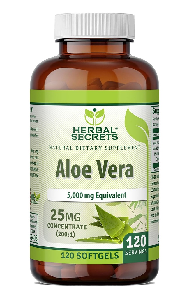 Herbal Secrets Aloe Vera 25 Mg Konzentrat 200:1 | 5000 Mg Equivalent | 120 Softgels | Non-GMO | Gluten-Free | Made in USA