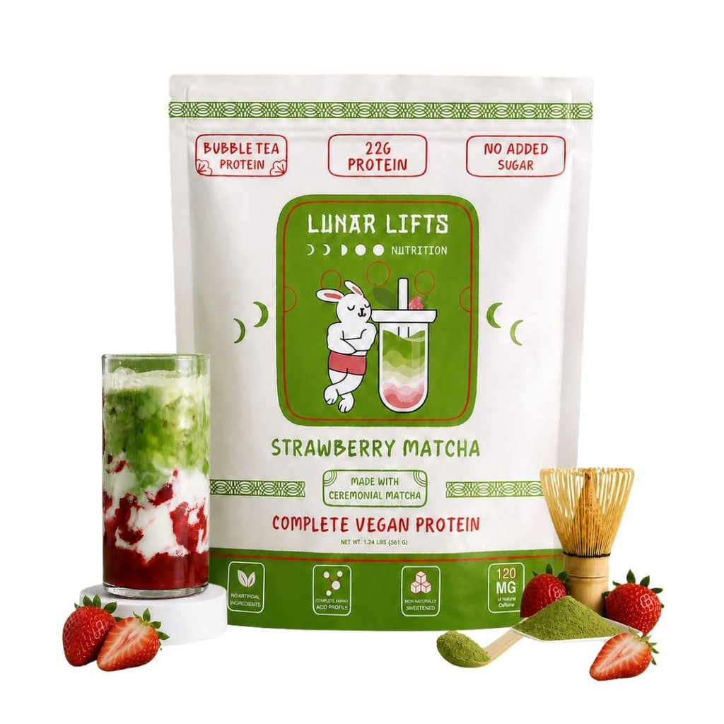 Lunar Lifts Vegan Strawberry Matcha Latte Protein Powder, 15 Servings | Vegan protein powder blends fruity strawberry and matcha latte flavors for a convenient high-protein shake.