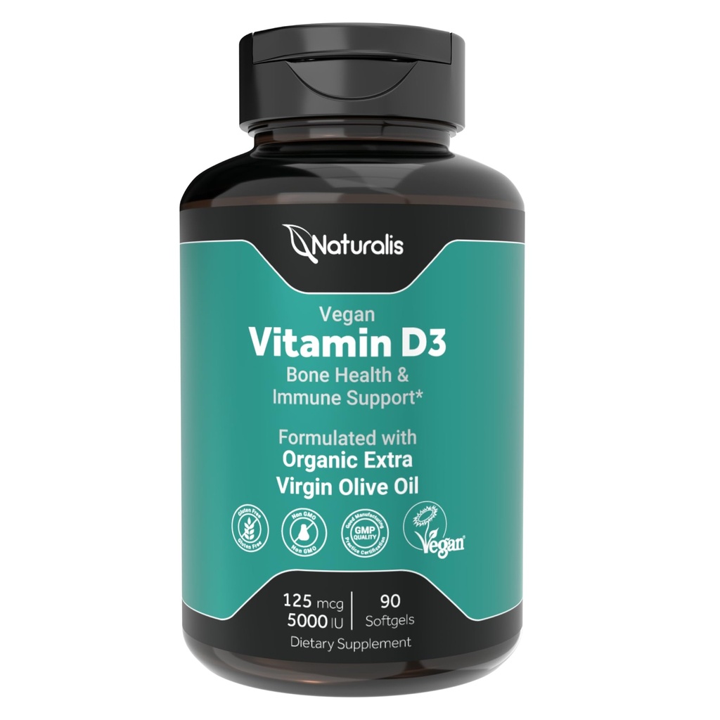 Naturalis Vegan D3 125mcg (5000IU) 90 Softgels | VeGel® technology for enhanced nutrient delivery and absorption, featuring a plant-based, vegan-friendly, and clean formula.*