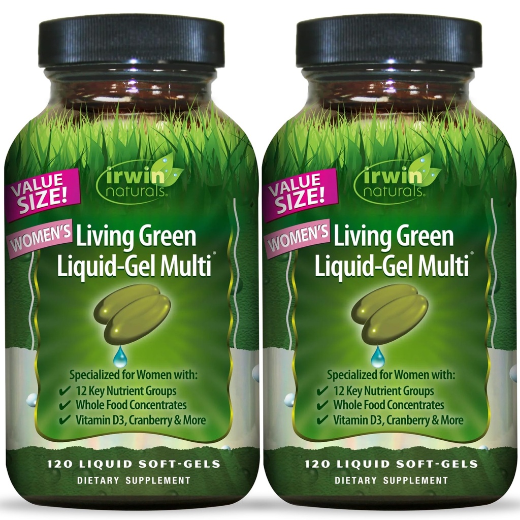 Irwin Naturals Women’s Living Green Liquid-Gel Multivitamins| 2 Pack | Whole Food Multivitamin for Women | 70 Nutrients, Omega & Greens Blend | BioPerine for Absorption | 120 Softgels 2 Pack