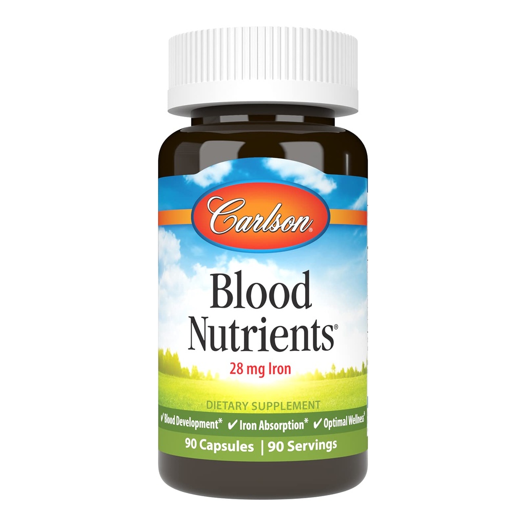 Carlson Blood Nutrients, 28 mg, Iron, Blood Development, 90 Capsules | Iron Absorption; Optimal Wellness