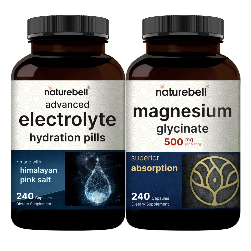 NatureBell Magnesium Glycinate Kapseln 500mg & Advanced Elektrolyt Hydration Pillen Bundle Pack | Chelat & Purified Mineral | Fast Hydrating Keto Elektrolyte