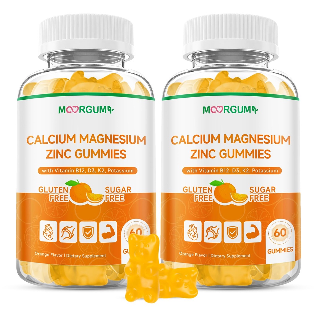 Calcium Magnesium Zinc Gummies - 1000mg Calcium with Vitamin D3, K2, B12 & Potassium 7-in-1 Supplement, Supports Bone, Immune Health & Muscle Function - Sugar-Free Orange Flavor, 120 Count