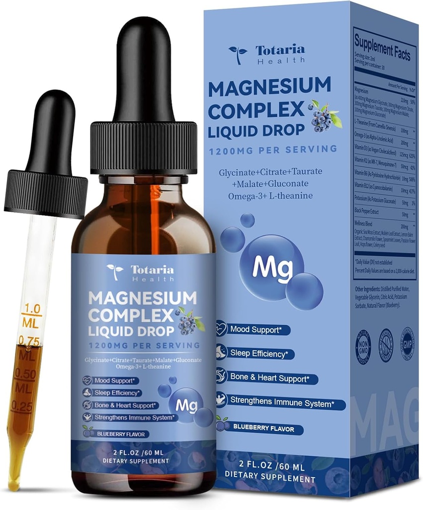 21 in 1 Magnesium Glycinat Complex Liquid Drop mit Vitamin D3,K2,B6 & B12 Plus L-Theanin Omega-3 Sea Moss Extract für Energie, schlafen,Joint,Herz Health Sugar Free Blueberry Flavor,2 Fl Oz