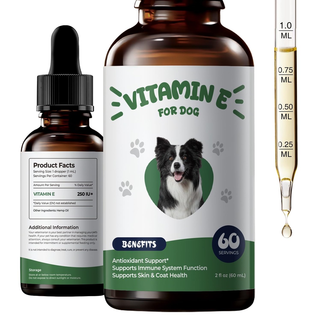 Vitamin E for Dogs, Liquid Vitamin E Oil for Skin & Coat Support | Supports Natural Moisture Balance & Cellular Health in Easy-to-Mix Drops, 2 fl oz (60 mL)