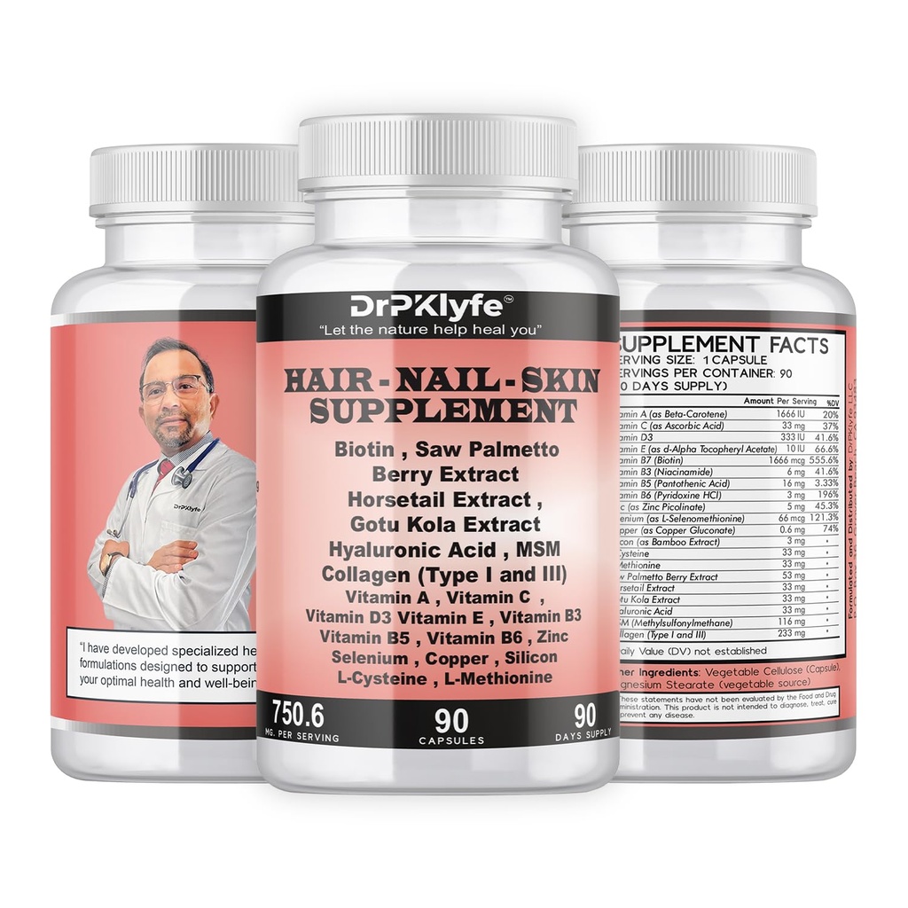 Hair, Nail and Skin Supplement Capsules:Biotin, Collagen, Collagen Peptides, Acid Hyaluronic, Biotin, Vitamin A, C, B5, B6 Saw Palmetto & More - 90 Capsules.