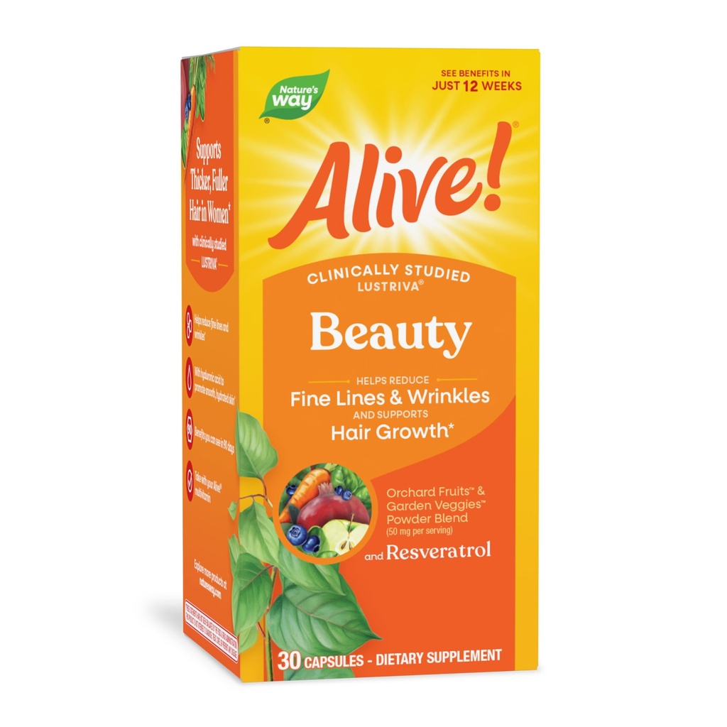 Nature's Way Alive! Beauty Formula, Supports Hair Growth*, 30 ct | Helps Reduce Fine Lines & Wrinkles*, Clinically Studied Ingredient, Lustriva, Biotin, Vitamin C, Hyaluronic Acid, Vegan
