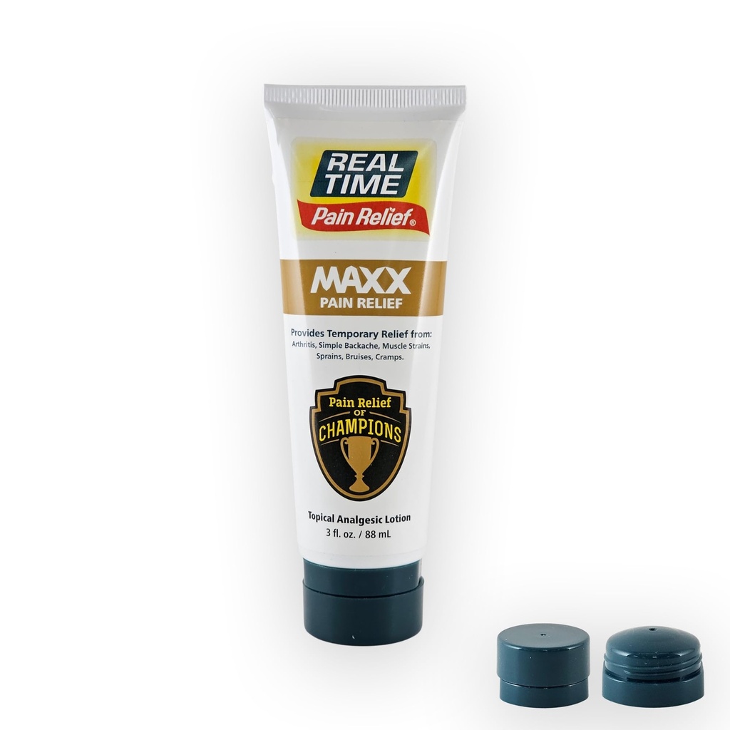 Real Time Pain Relief MAXX 3oz Bottle with Glide for Arthritis | 18 Natural Ingredients: Arnica, Menthol & Peppermint | Max Strength Muscle Relief Lotion for Ankles, Back, Shoulders, Knees & Joints