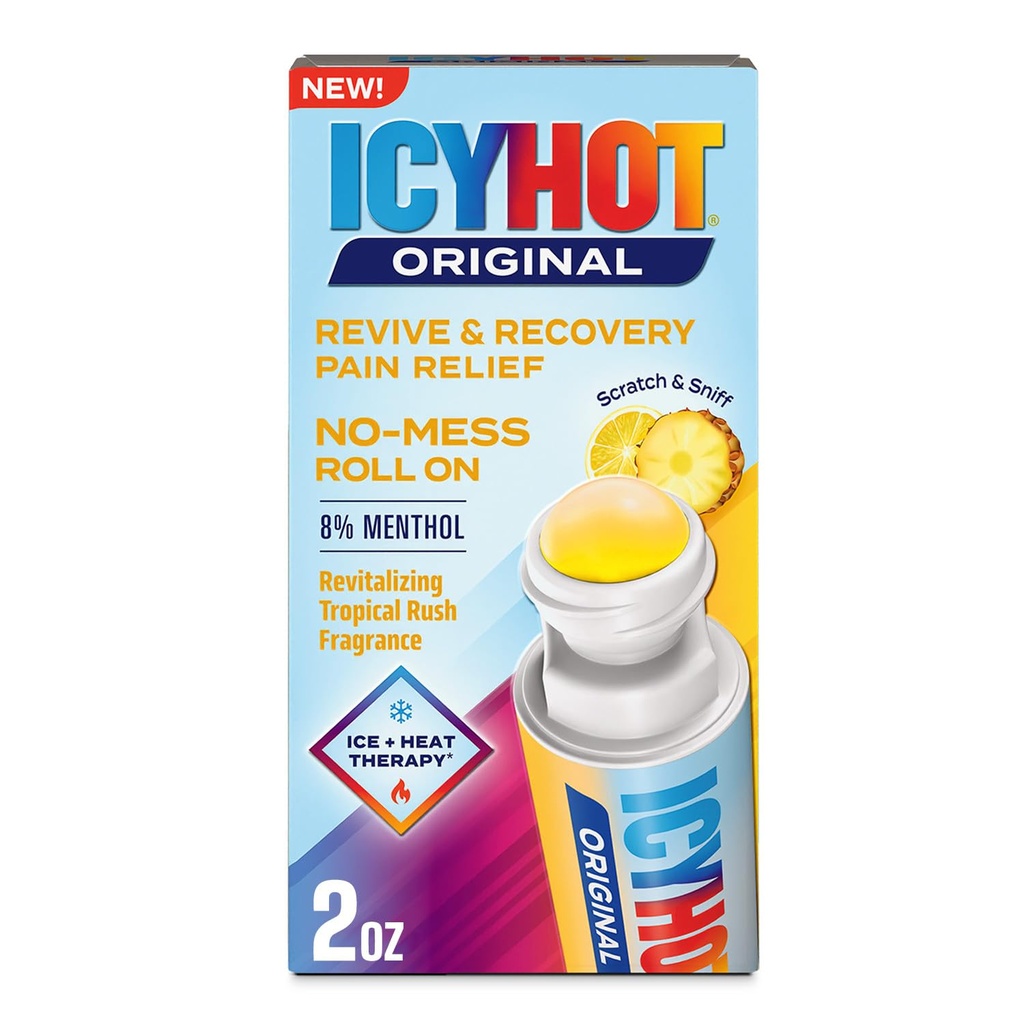 Icy Hot Original Pain Relief Revive & Recovery No-Mess Roll-On Applicator, Fast-Acting Pain Relief With 8% Menthol for Backaches, Joints, Muscle Strains and Arthritis, Revitalizing Tropical Rush, 2 oz